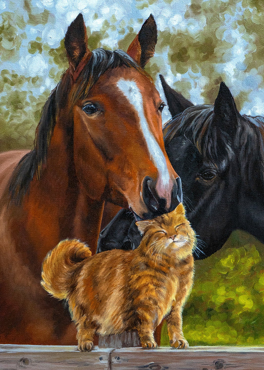 Two horses and a cat standing close together near a wooden fence with a blurred natural background.